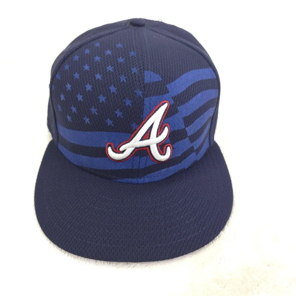 Atlanta Braves Hat Players Cap Fitted Mens 7 1/2 Blue MLB Baseball Stars Stripes